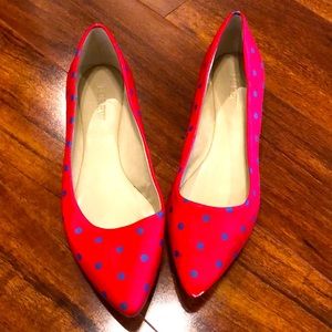 J crew pointed ballerina flats in red with blue polka dots